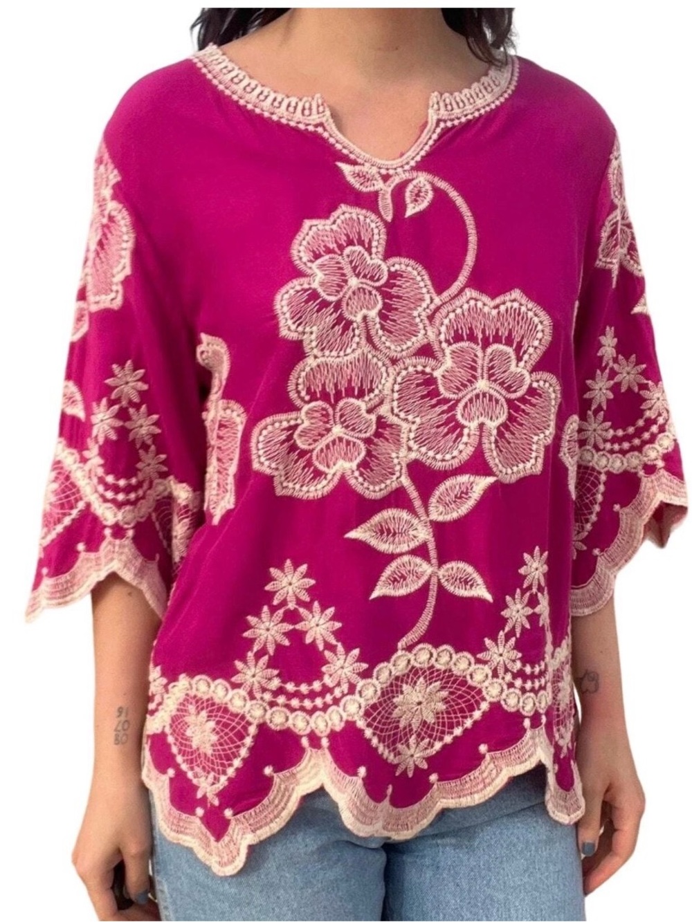Solitaire Pink Embroidered Floral Boho Blouse L Anthropologie Style